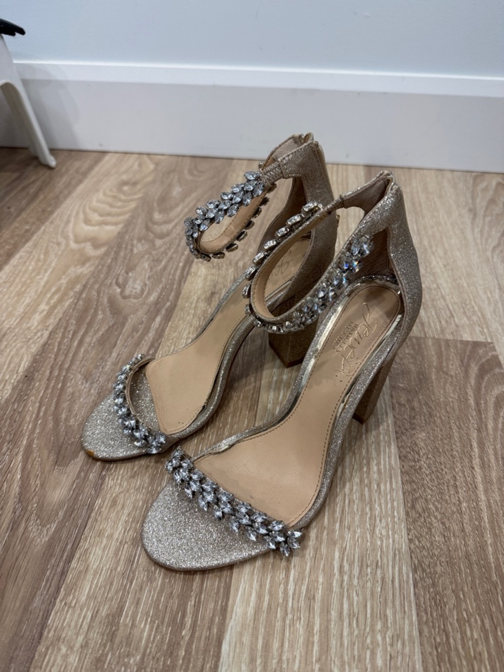 Badgley Mischka Gold Glitter Block Heels with Crystal Embellished Straps